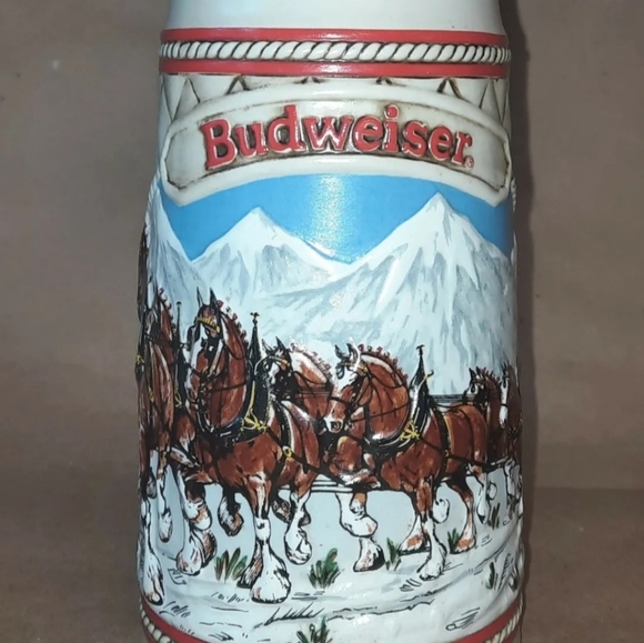 Ceramarte Budweiser Clydesdales Anheuser Busch Holiday Mountain Beer Stein Mug - Picture 1 of 8
